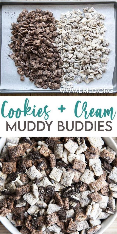 Muddy Buddies Cookies And Cream, Cookies And Cream Chex Mix Recipe, Banana Cream Pie Muddy Buddies, Fun Chex Mix Recipes, Cookies And Cream Puppy Chow, Oreo Muddy Buddies, Cookies And Cream Muddy Buddies, Mud Buddies Recipe, Fall Muddy Buddies Recipe