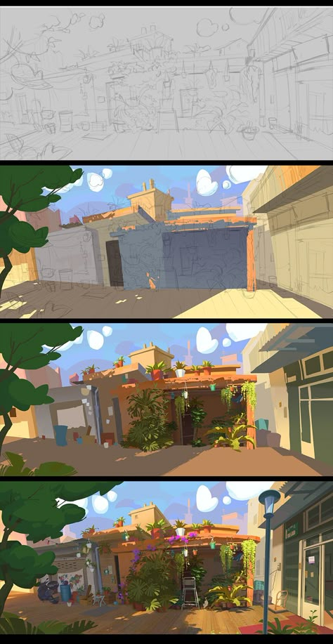 Background Drawing Digital, Digital Art Buildings Tutorial, How To Paint Environments Digital, How To Draw Street, Environment Layout Design, Environment Concept Art Tutorial, How To Render Backgrounds, Background Coloring Tutorial, Coloring Backgrounds Tutorial