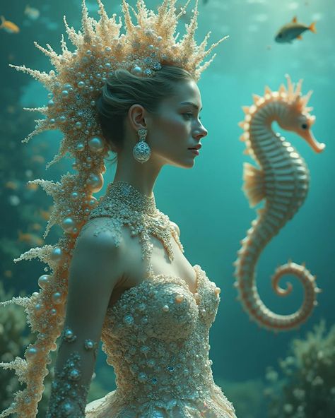 Queen of Seahorses #queenart #queens #seaart #aisea #seahorses #underwaterlife #aiqueen Illustration Sculpture, Queen Of, Queen Art, Underwater Life, Sea Horse, Sea Art, Matte Painting, Project Inspiration, Feminine Tattoos