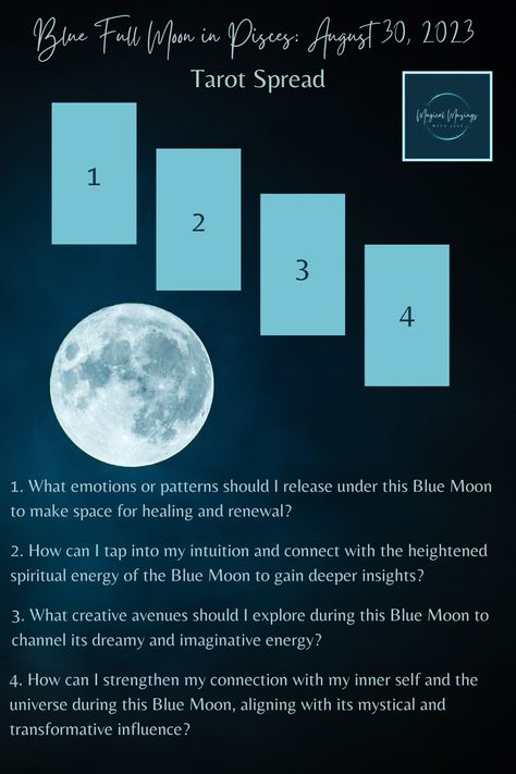 This is a 4-card tarot spread for the Blue Full Moon in Pisces on August 30, 2023. Pisces Full Moon Tarot Spread, Super Blue Moon Tarot Spread, Blue Moon Tarot Spread, Full Moon In Pisces 2023, Full Blue Moon August 2023, Blue Super Moon August 2023, August Blue Moon 2023, Super Blue Moon 2023, Blue Moon August 2023