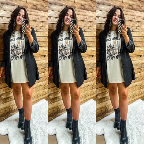 Western Graphic Tee Dress, Army Boots Outfit Women, Army Boots Outfit, Cowgirl Fits, Edgy Western, Black Tshirt Dress, Graphic Tee Style, Western Graphic Tees, Western Outfits Women