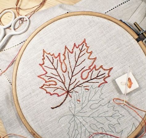 Embroidered Maple Leaf, Fall Tree Embroidery, Autumn Embroidery Patterns Free, Fall Leaf Embroidery, Autumn Embroidery Patterns, Creative Pattern Making, Fall Hand Embroidery, Fall Leaves Embroidery, Autumn Leaves Embroidery