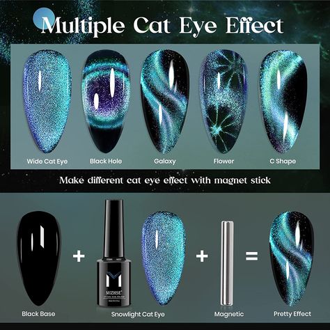 Magnetic Dip Nails, Long Acrylic Nails Cat Eye, Cat Eye Witch Nails, Glow In The Dark Cat Eye Nails, Two Color Cat Eye Nails, Gel Nail Designs Cat Eye, Magnetic Sparkle Nails, Magnetic Galaxy Nails, Short Stilleto Nails Cat Eye