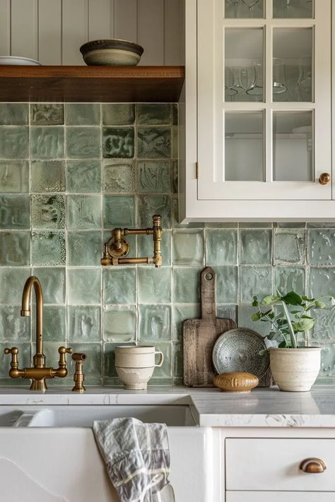 Green Kitchen White Subway Tile, French Tile Backsplash Kitchen, Hacienda Kitchen Backsplash, Cream Kitchen Cabinets Green Backsplash, Rust Backsplash Kitchen, Kitchen Backsplash Ideas Boho, All Tile Kitchen Walls, Kitchen Backsplash Unique, Bamboo Backsplash Kitchen