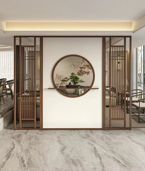 Classic Partition Design, Drawing Room Partition, Living Dining Partition, Home Partition, Japanese Display, New Interior Design Trends, Ethereal Home, Classical Theme, Courtyard Dining