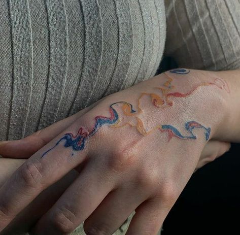 Color Lines Tattoo, Principle Of Photography, Color Wrist Tattoo, Abstract Ankle Tattoo, Organic Tattoo Sleeve, Subtle Color Tattoo, Colorful Line Tattoo, Unquie Tattoo Ideas, Blue And Red Tattoo