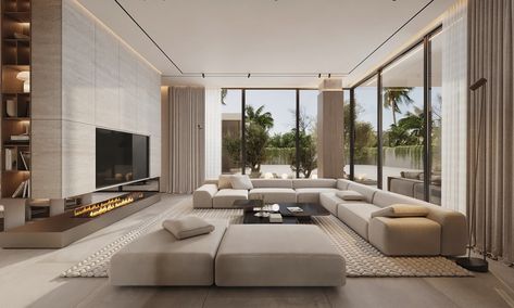 Behance 上的 Dubai Villa Neutral Modern Living Room, Architecture Development, Dubai Villa, Luxurious Living Room, Room Ideas Aesthetic, Amazing Home, Holiday Villa, House Room, Riyadh