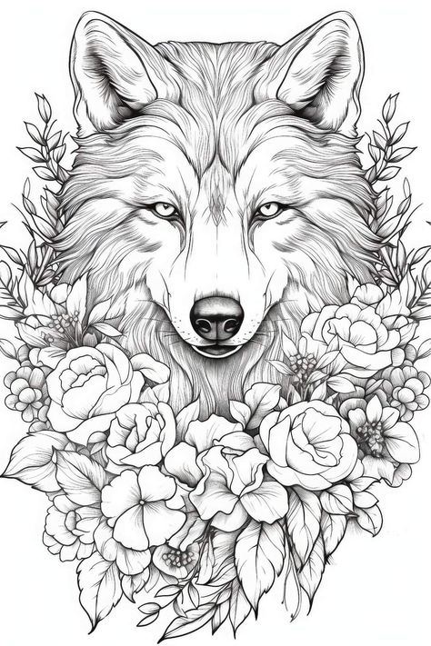 Wolve Drawings, Adult Coloring Book Pages Free Printable, Animal Coloring Pages For Adults, Wolf With Flowers, Adult Coloring Pages Free Printable, Wolf Coloring Pages, Wolf Sitting, Mandala Wolf, Beautiful Coloring Pages