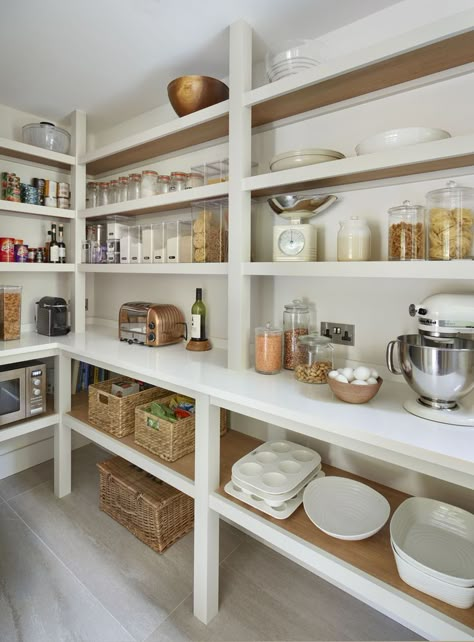 Pantry Extension Of Kitchen, Appliances In Butlers Pantry, Small Walk In Pantry With Window, Pantry With Appliance Shelf, Pantry Open Shelves, Open Shelving In Pantry, Small Pantry With Countertop For Appliances, Small Walk In Pantry With Sink, Appliance Storage In Pantry