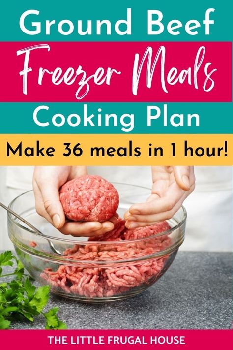 Beef Freezer Cooking Plan: 36 Meals in 1 Hour - The Little Frugal House Freezer Meal Ground Beef, Ground Beef Crockpot Freezer Meals, Ground Beef Recipes Freezer Meal, Freezer Ready Meals, Beef Freezer Meals Make Ahead, Ground Beef Freezer Meals Make Ahead, Freezer Meals With Ground Beef, Frozen Ground Beef Recipes, Hamburger Freezer Meals