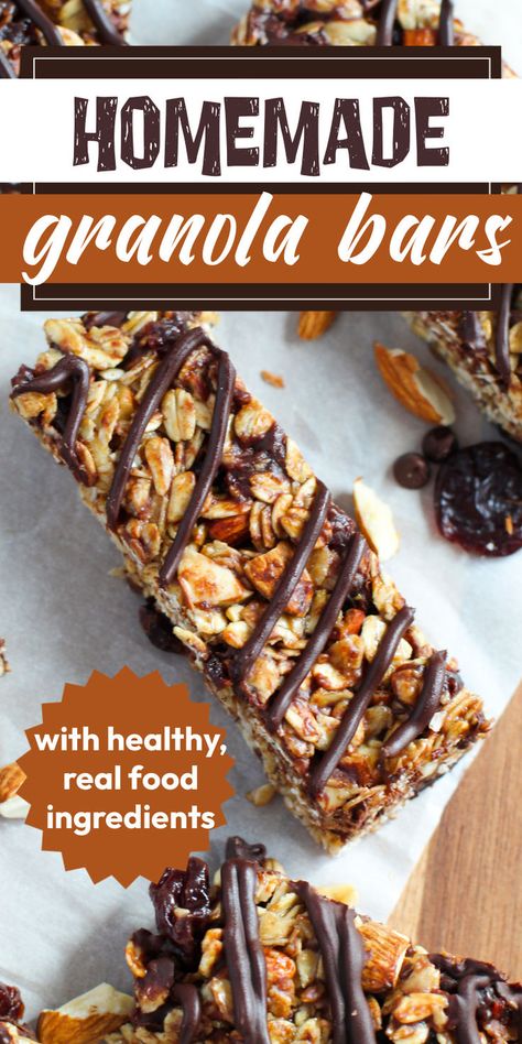 granola bars drizzled with chocolate and text "homemade granola bars with healthy, real food ingredients" Diy Granola Bars Healthy Clean Eating, Whole Food Granola Bars, Health Granola Bar Recipes, Recipe For Granola Bars, Healthy Granola Bar Recipe Clean Eating, Healthy Granola Bars Nut Free, Date Granola Bars Healthy, Granola Bar Recipe No Peanut Butter, Things To Make With Granola