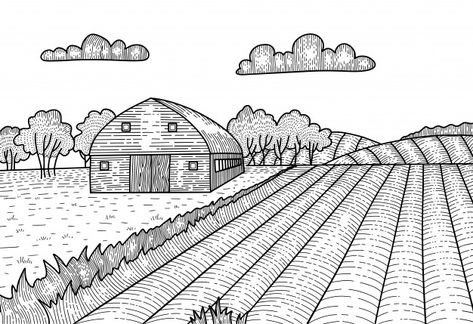 Rural Drawing Easy, Rural Landscape Drawing, Farm Drawing Simple, Farming Drawing Easy, Farm Sketch Simple, Agriculture Drawing Easy, Farm Landscape Drawing, Farm Drawing Ideas, Farm Drawing Landscape