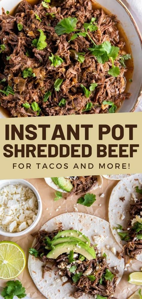 This easy instant pot shredded beef recipe is a versatile dish to use for tacos, quesadillas, enchiladas and more. Instapot Shredded Beef Taco Meat, Beef Taco Instant Pot Recipes, Pressure Cooker Beef Tacos, Taco Beef Instant Pot, Instant Pot Beef Carnitas, Roast Beef Tacos Instant Pot, Street Taco Instant Pot, Pressure Cooker Shredded Beef Tacos, Shredded Beef Instapot