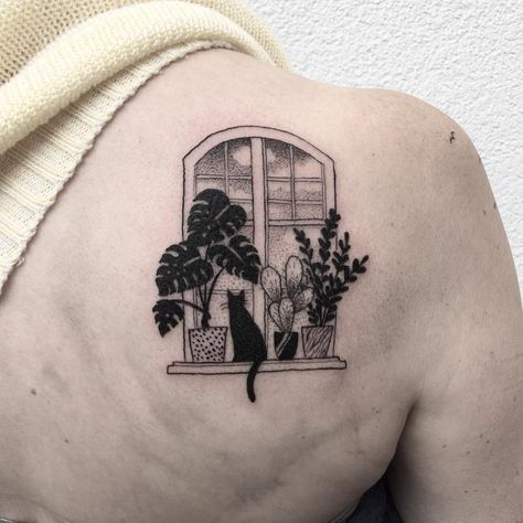 Minimalist style tattoo of a cat sitting on a window sill with the pots of flowers Window Tattoo, Girl Shoulder Tattoos, Cat Tattoo Simple, Muster Tattoos, Plant Tattoo, Tattoo Cat, Tattoo Portfolio, 1 Tattoo, Music Tattoos