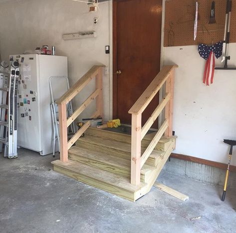 Garage Stair Railing, Garage Stairs Into House, Garage Steps, Garage Stairs, Diy Stair Railing, Dream Porch, Outdoor Handrail, Garage Laundry, Garage Renovation