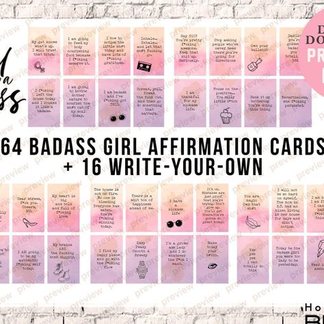 PRINTABLE AFFIRMATION CARDS FOR A BADASS #AffirmationCards #PositiveVibes #SelfLove #DailyAffirmations Swear Affirmation Cards, Sweary Motivational Quotes, Diy Positive Affirmation Cards, Swearing Affirmation Cards, Sweary Affirmation Cards Free, Funny Affirmations For Women, Funny Positive Affirmations, Snarky Affirmations, Sassy Affirmations