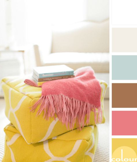 creamy white living room with bright accents, color palettes, color combinations, color schemes, color ideas, color for interiors, bright yellow, pantone primrose yellow, coral pink, hot pink, copper brown, warm brown, duck egg blue, robin's egg blue Renter Hacks, Sewing Photography, Diy Seating, Yellow Cottage, Indoor Herb, Fabric Yellow, Ottoman Pouf, Save Room, Apartment Life