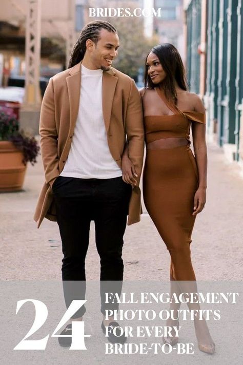 Best Fall Engagement Outfits, Brown Dress Engagement Photos, Save The Date Outfits, Engagement Photos Outfits Black Couple, What To Wear For Engagement Pictures, Fall Engagement Outfit Ideas, Fall Photoshoot Outfits Couples, Fall Engagement Photos Outfits, Fall Engagement Photo Outfits