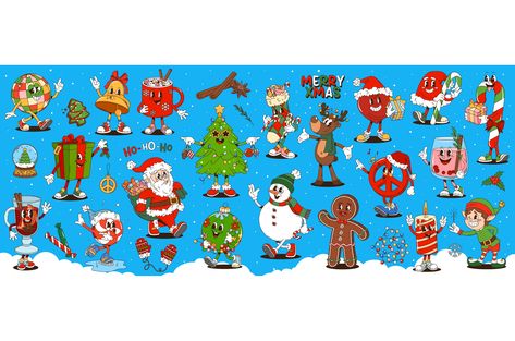 Retro cartoon groovy Christmas characters, Xmas and New Year holidays vector stickers. Funny Santa Claus, Christmas tree and snowman with gift. Funky hippie peace sign and candy cane groovy personages | Retro cartoon groovy Christmas | Buch&Bee Vector Stickers, Groovy Christmas, Funny Santa Claus, Stickers Funny, Hippie Peace, Santa Claus Christmas Tree, Funny Santa, Retro Cartoon, Christmas Characters