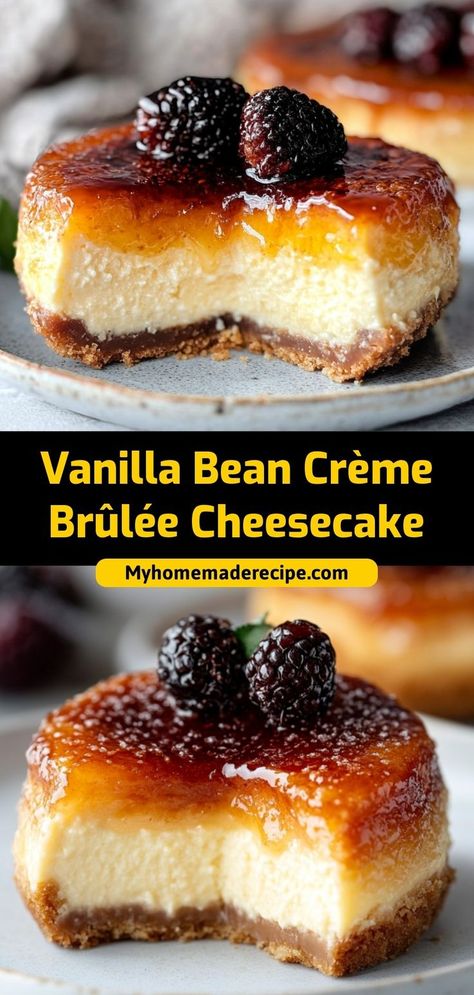 This Vanilla Bean Crème Brûlée Cheesecake is rich, creamy, and topped with a caramelized sugar crust. A dessert that combines two classic treats! Ingredients: 1 cup graham cracker crumbs 2 cups cream cheese, softened 1 vanilla bean, scraped ¼ cup sugar for topping Indulge in this Vanilla Bean Crème Brûlée Cheesecake for a decadent treat. Perfect for special occasions or dinner parties Creme Brulee Cheesecake, Vanilla Bean Cupcakes, Vanilla Bean Cheesecake, Caramelized Sugar, Cheesecake Cupcakes, Sweet Treats Recipes, Treats Recipes, Creamy Cheesecake, Graham Cracker Crumbs