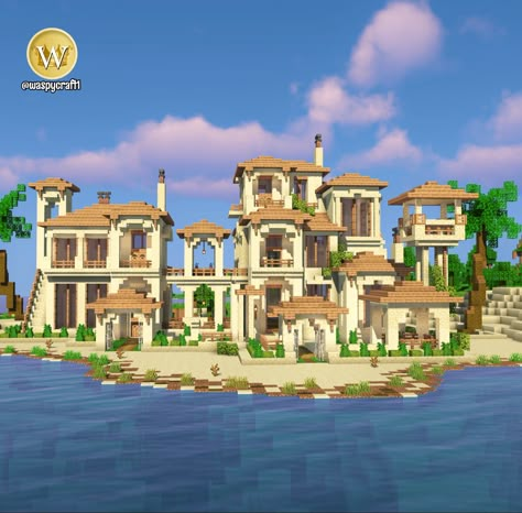 Sandstone Mansion Minecraft, Minecraft Beach Building Ideas, Minecraft Resort Hotel, Beach In Minecraft, Mediterranean Minecraft Builds, Beach City Minecraft, Minecraft African House, Modern Beach House Minecraft, Beachy Minecraft Builds