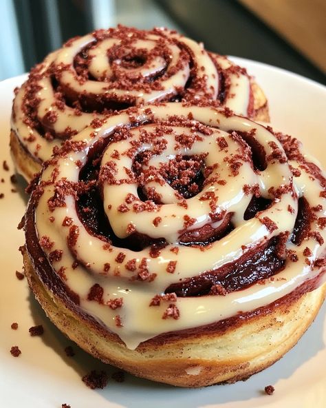 Red Velvet Cinnamon Rolls ❤️🍰 Heavenly Red Velvet Cinnamon Swirls 🍫✨ Don't lose this recipe! Ingredients: 3 cups all-purpose flour 2 tablespoons cocoa powder 1/4 cup granulated sugar 2 1/4 teaspoons active dry yeast 1/4 cup unsalted butter, melted 3/4 cup warm milk 1 large egg 1 teaspoon vanilla extract Red food coloring (as needed) Filling: 1/4 cup unsalted butter, softened 1/2 cup brown sugar 2 tablespoons cinnamon Cream Cheese Frosting: 4 oz cream cheese, softened 1/4 cup unsalted butt... Red Velvet Cinnamon Rolls, Cinnamon Swirls, Cinnamon Cream Cheese, Active Dry Yeast, Fire Food, Cinnamon Cream Cheese Frosting, Red Food Coloring, Recipe Ingredients, Red Food