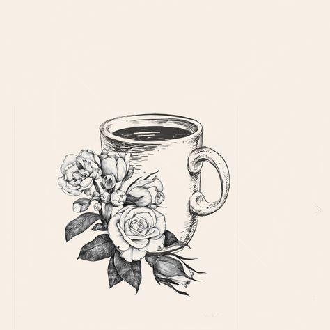 Coffee mug with flowers Coffee And Roses, Coffee Mug Drawing, Coffee Cup Tattoo, Mug With Flowers, Tea Tattoo, Teacup Tattoo, Mug Drawing, Cup Tattoo, Coffee Tattoos