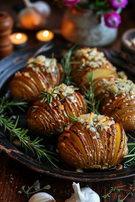 Hasselback potatoes garnished with rosemary and cheese, served on a dark platter with a rustic backdrop. Christmas Catering Ideas Dinner Parties, Fancy Dinner Party Meals, Xmas Dishes Ideas, Elevated Family Dinner, Upscale Potatoes, Fancy Dinner Side Dishes, Fancy Potatoes Side Dishes Holidays, Fancy Sides For Dinner, Friendsgiving Dinner Recipes