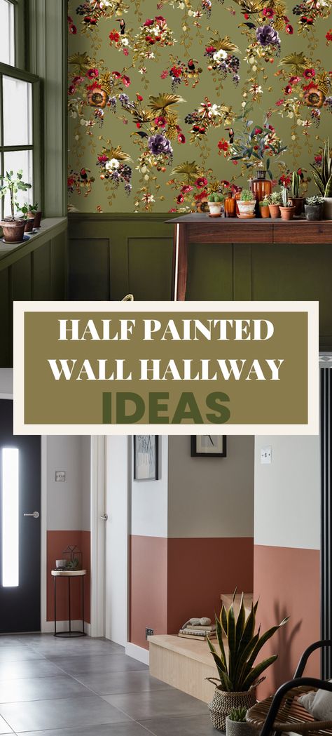 half painted wall hallway ideas, a green lower half of wall with wallpaper on the upper, and a terracotta and white half painted wall hallway. Half Painted Wall Entryway, Split Wall Paint Hallway, Half Painted Wall With Wood Trim, Paint Bottom Half Of Wall Hallway, Half Height Painted Walls Bedroom, Half Wallpaper Half Paint Hallway, Statement Wall Hallway, Painted Trim Hallway, Two Toned Hallway Colors