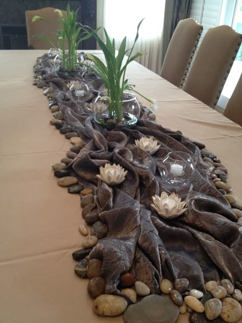 Centerpiece, stream, river, lake, nature themed table decor Cajun Themed Centerpieces, Water Theme Table Decor, Nature Themed Table Decor, Fish Table Decorations, River Party Decorations, Nature Themed Centerpieces, Oregon Themed Party, River Themed Decor, Water Theme Centerpieces