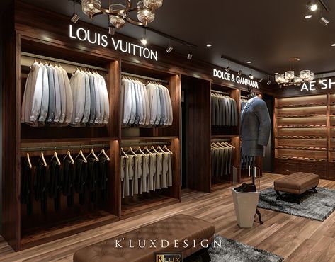 Suits Display Ideas, Boutique House Design, Cloth Shop Interior Design Retail, Luxury Clothing Store Design, Cloth Showroom Interior, Clothes Showroom Interior Design, Mens Boutique Interior Design, Showroom Design Interior, Tailoring Shop Interior Design