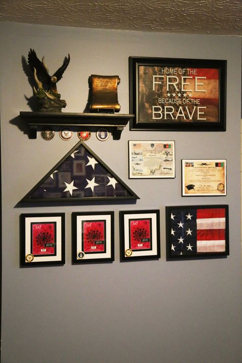 Military wall Wall ideas Military Wall Of Honor For Veterans Ideas, Wall Of Honor For Veterans, Award Wall Display Ideas Office, Veteran Wall Of Honor Ideas, Veterans Wall Of Honor Ideas, Military Office Decor Ideas, Military Themed Bedroom, Military Bedroom Ideas, Military Room Ideas