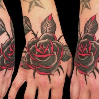 Black and Red Rose Red And Black Rose Tattoo, Red Rose Tattoos, Black Red Tattoo, Rose Vine Tattoos, Red Flower Tattoos, Black Rose Tattoo, Black Sleeve Tattoo, Rose Hand Tattoo, Rose Tattoos For Men