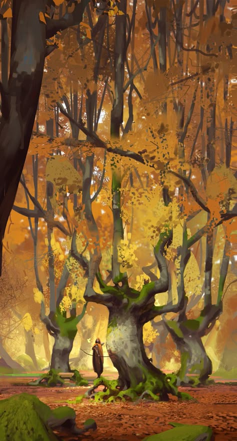 Autumn Forest Fantasy Art, Fall Trees Illustration, Autumn Forest Art, Fantasy Autumn Forest, Fall Concept Art, Autumn Fantasy Art, Autumn Tree Drawing, Autumn Forest Illustration, Autumn Eladrin