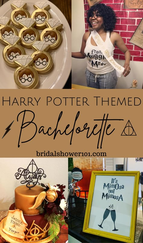 Muggle To Mrs. A Harry Potter Bachelorette Party | Bridal Shower 101 Harry Potter World Bachelorette Party, Harry Potter Bachelorette Party Shirts, Harry Potter Batchloret Party, Harry Potter Theme Bridal Shower Ideas, Muggle To Mrs Bachelorette, Nerdy Bachelorette Party, Harry Potter Engagement Party, Harry Potter Themed Bachelorette Party, Harry Potter Bachelorette Shirts