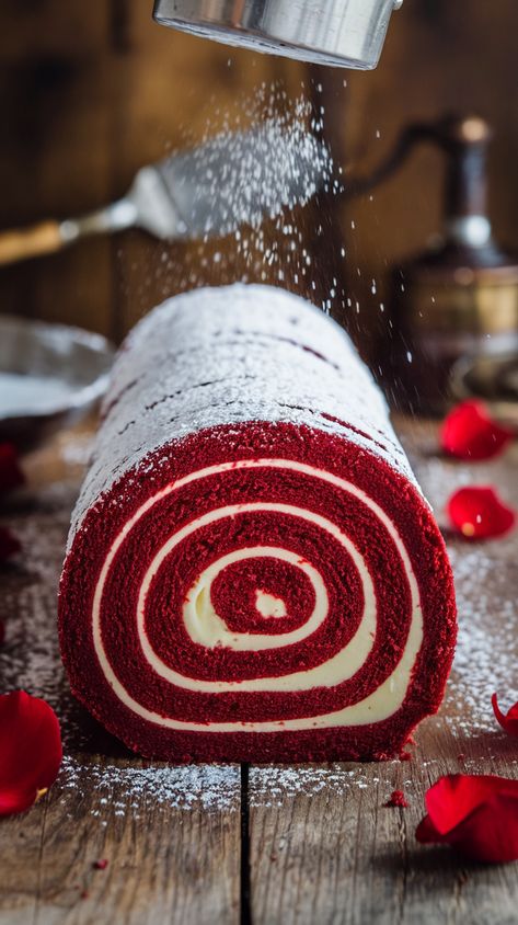 Top view of red velvet cake roll with cream cheese filling on wooden surface with baking tools and rose petals Red Velvet Log Cake, Red Velvet Swiss Roll Cake, Red Velvet Cake Roll Recipe, Red Velvet Roll Cake, Mexican Wedding Cake Recipe, Red Velvet Roll, Red Velvet Cake Roll, Best Red Velvet Cake, Swiss Cake