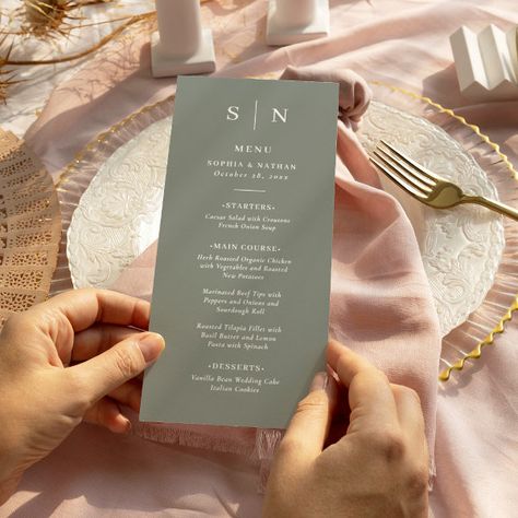 Minimal and Chic | Sage Green Wedding Menu Wedding Table Decorations Sage Green, Wedding Dinner Menu Cards, Green And White Wedding Theme, Sage Green And White Wedding, Purple And White Wedding, Rehearsal Dinner Menu, Green And White Wedding, Elegant Wedding Menu, Italian Wedding Cakes