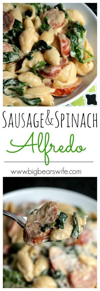 Sausage and Spinach Alfredo- make this recipe with Johnsonville Andouille Sausage! Cajun Alfredo Sauce, Cajun Alfredo, Pasta Cajun, Sausage And Spinach, Spinach Alfredo, Andouille Sausage, Andouille, Goulash, Rigatoni