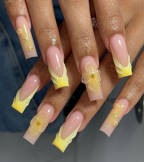 Yellow Nails Design Square, Light Yellow Nails, Yellow Nails Acrylic, Girly Acrylic Nails, Simple Acrylic Nails, French Acrylic Nails, Dope Nail Designs, Waste Of Time, Unique Acrylic Nails