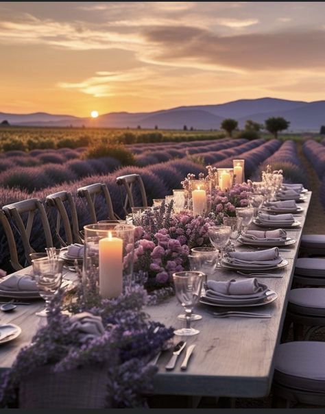 Lavender Farm Wedding, Moorish Architecture, Field Wedding, Provence Lavender, Lavender Garden, Lavender Field, Beautiful Table Settings, Lavender Farm, Dinner Themes