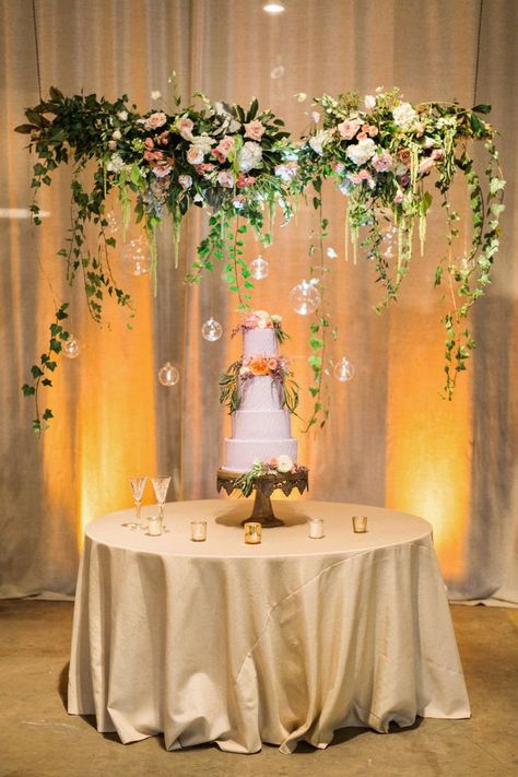 Wedding Cake Inspiration // Blush and Green Industrial Atlanta Wedding via TheELD.com Wedding Cake Table Backdrop Ideas, Cake Backdrop, Cake Table Backdrop, Wedding Cake Table Decorations, Cake Backdrops, Candy Bar Wedding, Quinceanera Decorations, Cake Table Decorations, Wedding Arch Flowers