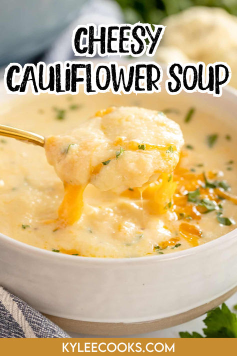 AN image of Cheesy Cauliflower Soup in a white bowl Cauliflower Rice Soup Recipes, Cauliflower Recipes Soup, Crockpot Cauliflower Soup, Cream Of Cauliflower Soup Recipe, Cauliflower Bacon Soup, Easy Cauliflower Soup, Cauliflower Cheese Soup, Cauliflower Cheese Soups, Cheesy Cauliflower Soup