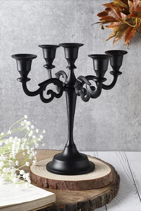 5 Arm Candelabra - 10 Inch Tall Matte Black Taper Candle Holders - Elegant Candle Stands and Candlesticks for Home Decor, Wedding, Parties, Dining Table Centerpiece - Fits 3/4-Inch Candles. As an Amazon Associate I earn from qualifying purchases. #ad #commissionsearned #weddingdecor #partydecor #weddingcenterpiece #candelabra #homedecor #gothicdecor #partydecorations Black Tapered Candle, Tapered Candle Holder, Black Candelabra, Black Taper Candles, Candelabra Centerpiece, Black Candle Holders, Tapered Candle, Tall Candlesticks, Tall Candle Holders