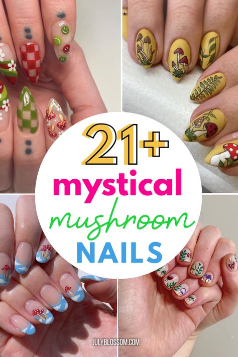 21+ Mystical Mushroom Nails to Try Now - ♡ July Blossom ♡ Fairy Mushroom Nails, Mushroom Fairy Nails, Toadstool Nail Art, Mushroom Design Nails, Forest Theme Nails, Mushroom Gel Nails, Toadstool Nails, Fairy Nail Ideas, Unique Nails Designs