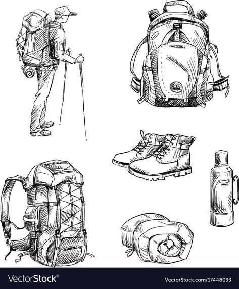 Walking Boots Drawing, Hiking Backpack Drawing, Hiking Drawing Simple, How To Draw A Backpack, Hike Drawings, Hiking Boots Drawing, Camping Drawing Illustrations, Backpacking Drawing, Backpacker Tattoo