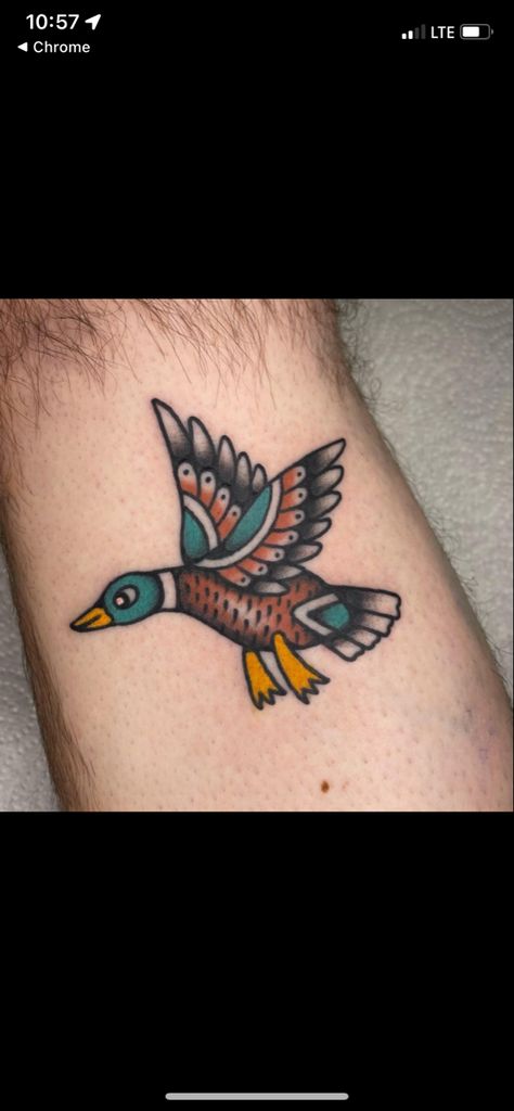 Duck Tattoo American Traditional, American Traditional Duck Tattoo, American Traditional Goose Tattoo, Old School Bird Tattoo, Traditional Duck Tattoo, Rob Tattoo, Talon Tattoo, Trad Sleeve, Traditional Bird Tattoo