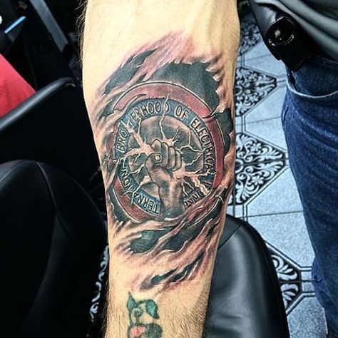 Pikes tattoos Ibew Electrician Tattoo, Tradesman Tattoo, Ibew Tattoo, Electrician Tattoo Ideas, Electrical Tattoo, Electrician Tattoo, Lineman Party, Lineman Tattoos, Angel Sleeve Tattoo