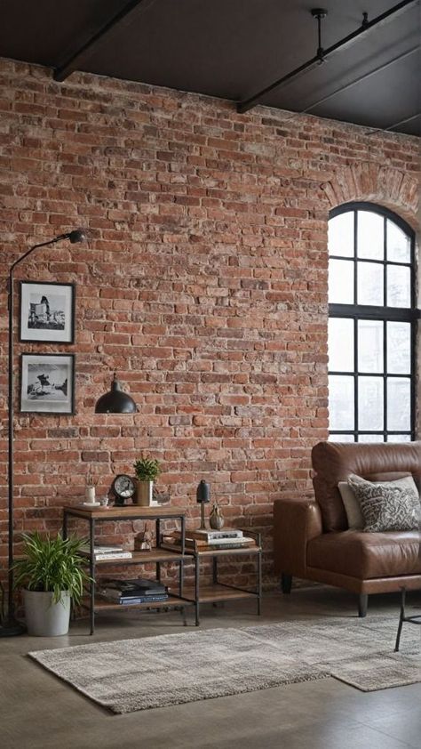 Exposed Brick Walls1 Industrial-style living room with a brick wall, leather sofa, large window, and minimalist decor items on shelves. | Sky Rye Design Red Brick Wall Living Room Ideas, Internal Brick Wall, Brickwall Interiors Living Room, Academic Illustration, Brick Accent Wall Living Room, Exposed Brick Walls Living Room, Red Brick Interior, Exposed Brick Apartment, Brick Wall Interior