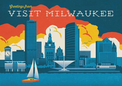 Milwaukee Skyline Postcard on Behance Milwaukee Aesthetic, Milwaukee Skyline, Milwaukee Art, Branding Inspo, Office Inspo, Mural Wall, Skyline Art, Old Signs, Design Posters