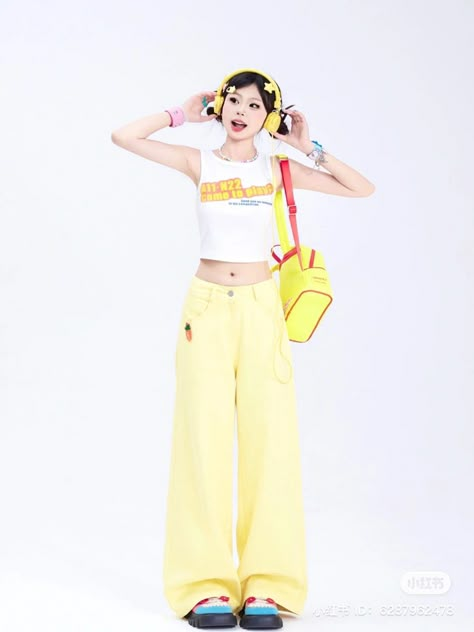 Kpop Idol Orange Outfit, Yellow Performance Outfit, Yellow Kpop Outfit, Yellow Cyberpunk Outfit, Korean Yellow Outfit, Bright Clothes Aesthetic, Yellow Harajuku Outfit, Magical Girl Outfit, Bright Outfits